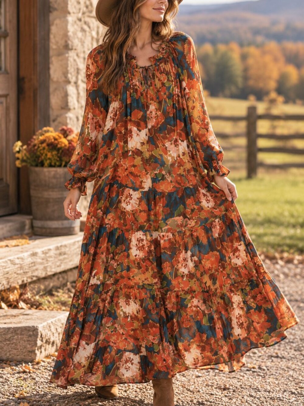 Easel Los Angeles Floral Maxi Dress S Boho Prairie Tiered Fall Cottagecore 1473